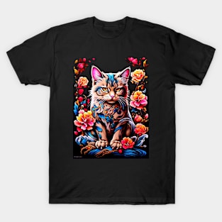 A Feline Friend Amidst a Floral Tapestry T-Shirt